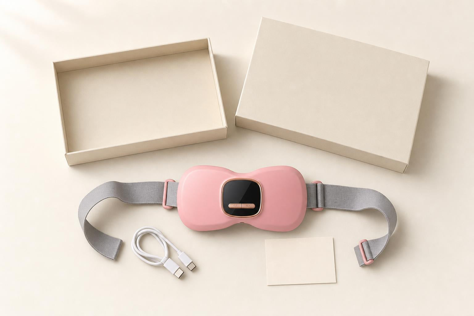 Heat belt laid out beside its plain box, USB-C cable and card