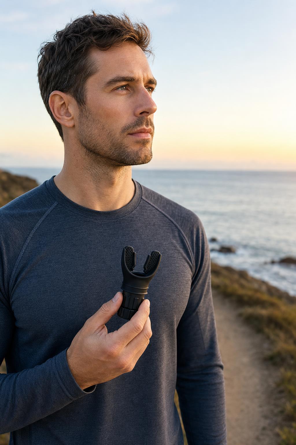 Runner on a coastal path holding the breath trainer