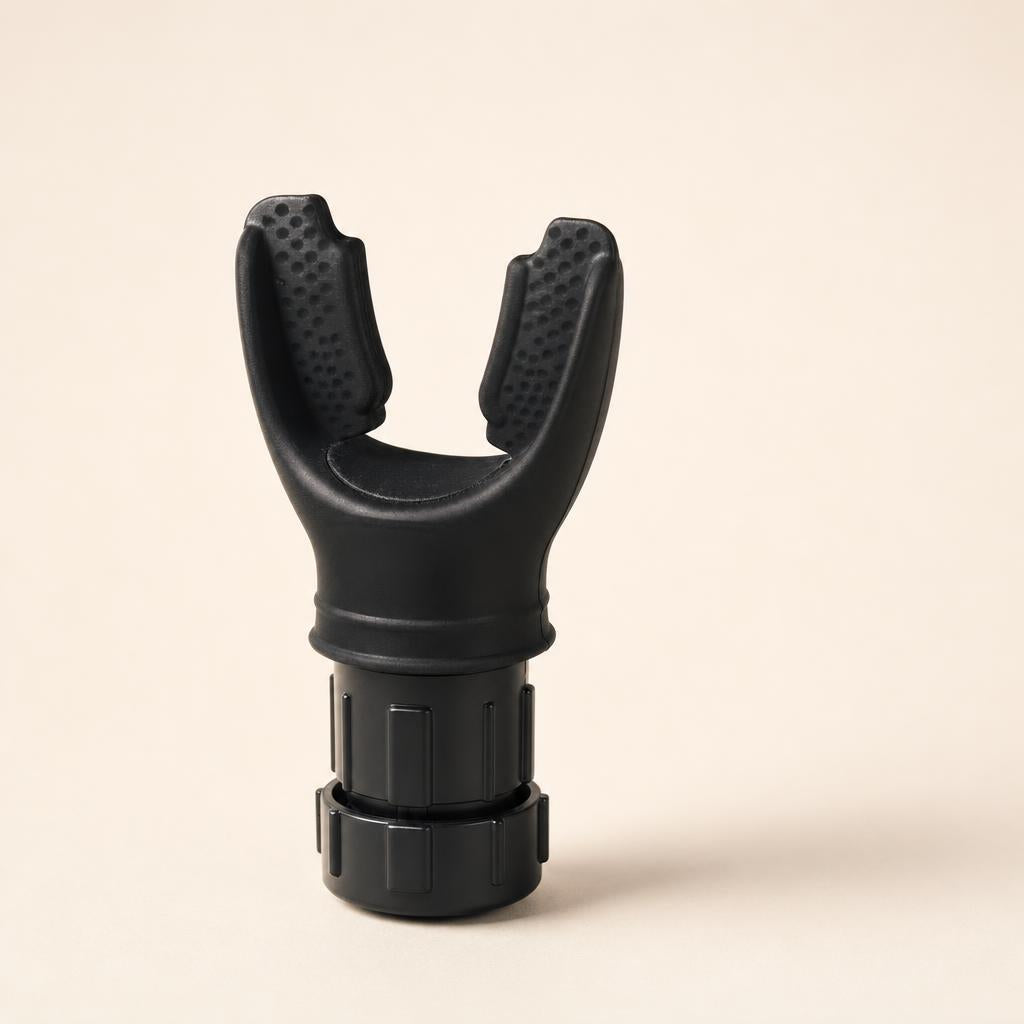 Black silicone breathing trainer with Y-shaped mouthpiece and ribbed adjustment barrel