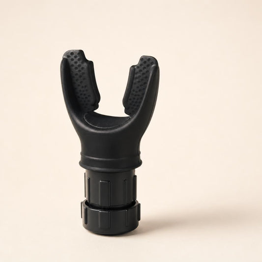 Black silicone breathing trainer with Y-shaped mouthpiece and ribbed adjustment barrel