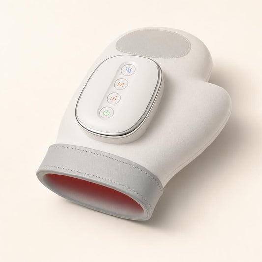 Cream white cordless hand massager with grey cuff and control panel, three-quarter view